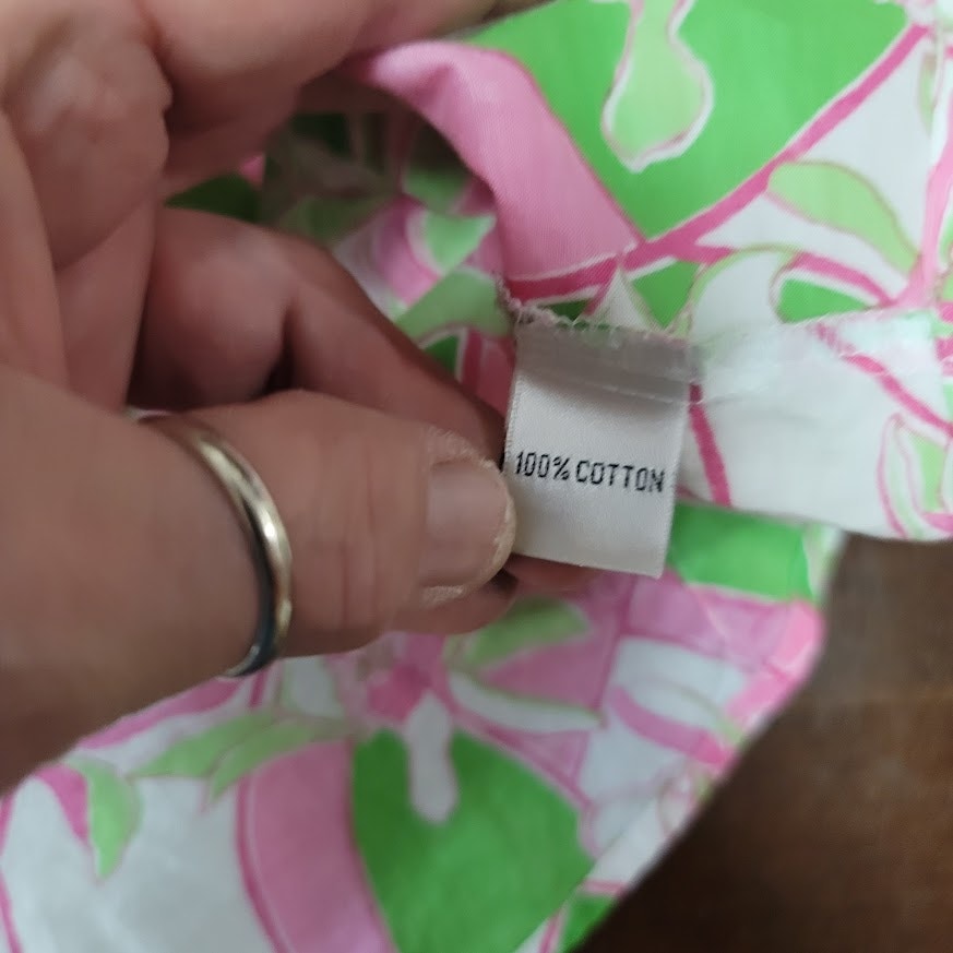 Lilly Pulitzer Size 10 Womens 100% Cotton gold Button Up blouse top Pink Green