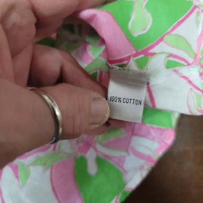 Lilly Pulitzer Size 10 Womens 100% Cotton gold Button Up blouse top Pink Green