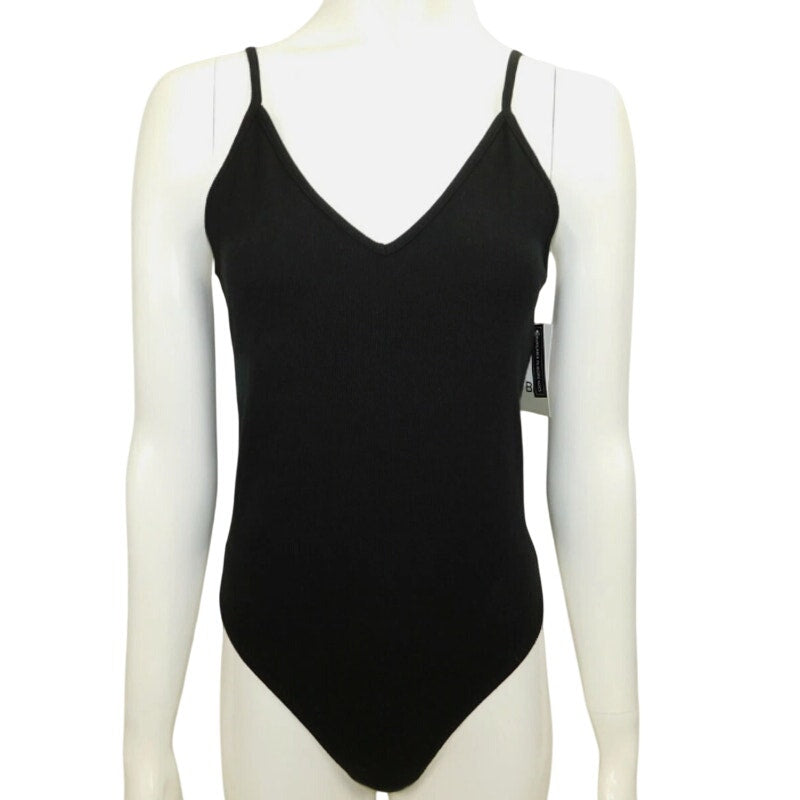 BP. NWT Cozy Ribbed Wrap Bodysuit Sleeveless V-Neck Knit Black Size SMALL