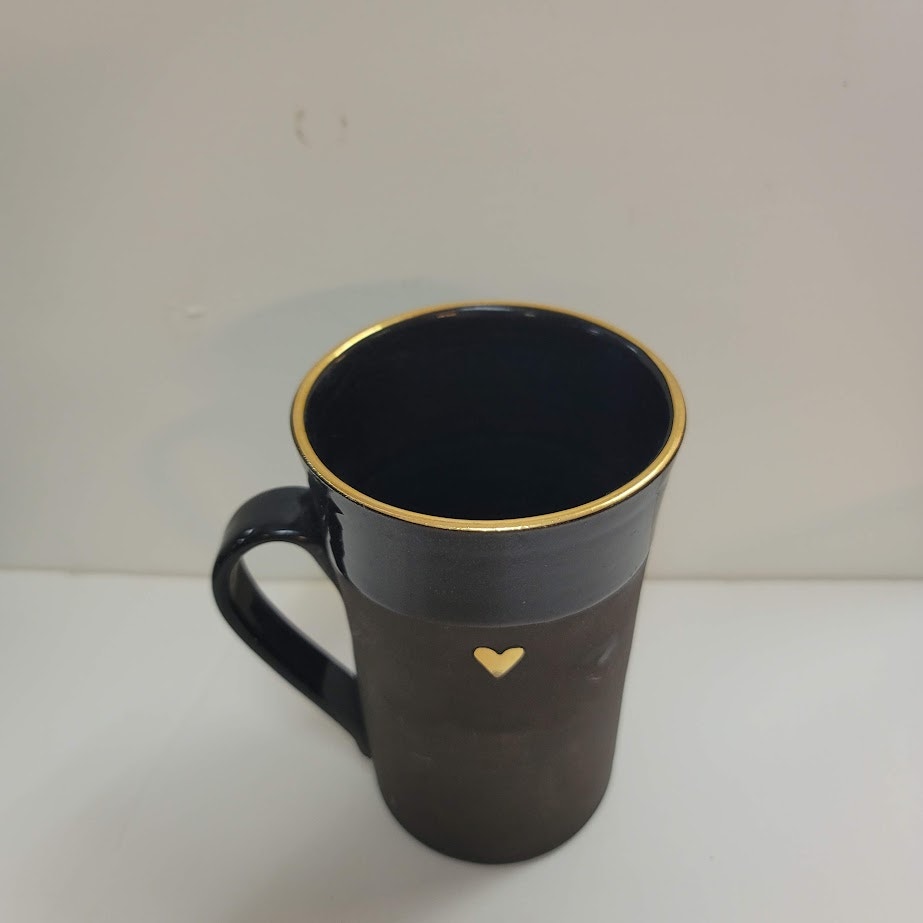 Handmade Art Pottery black matte gloss tall mug cup gold rim heart