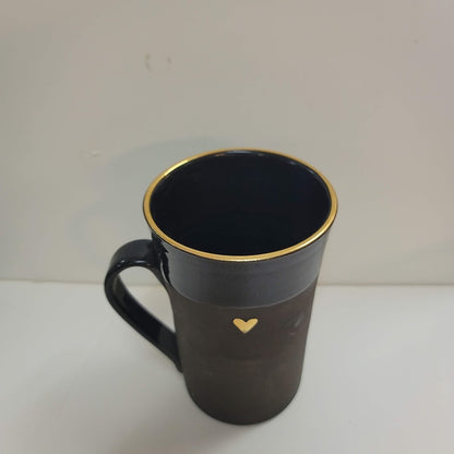 Handmade Art Pottery black matte gloss tall mug cup gold rim heart