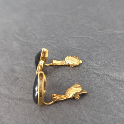 Vintage Gold Tone Black Enamel Teardrop Clip On Earrings Retro Modern Drop 1980s