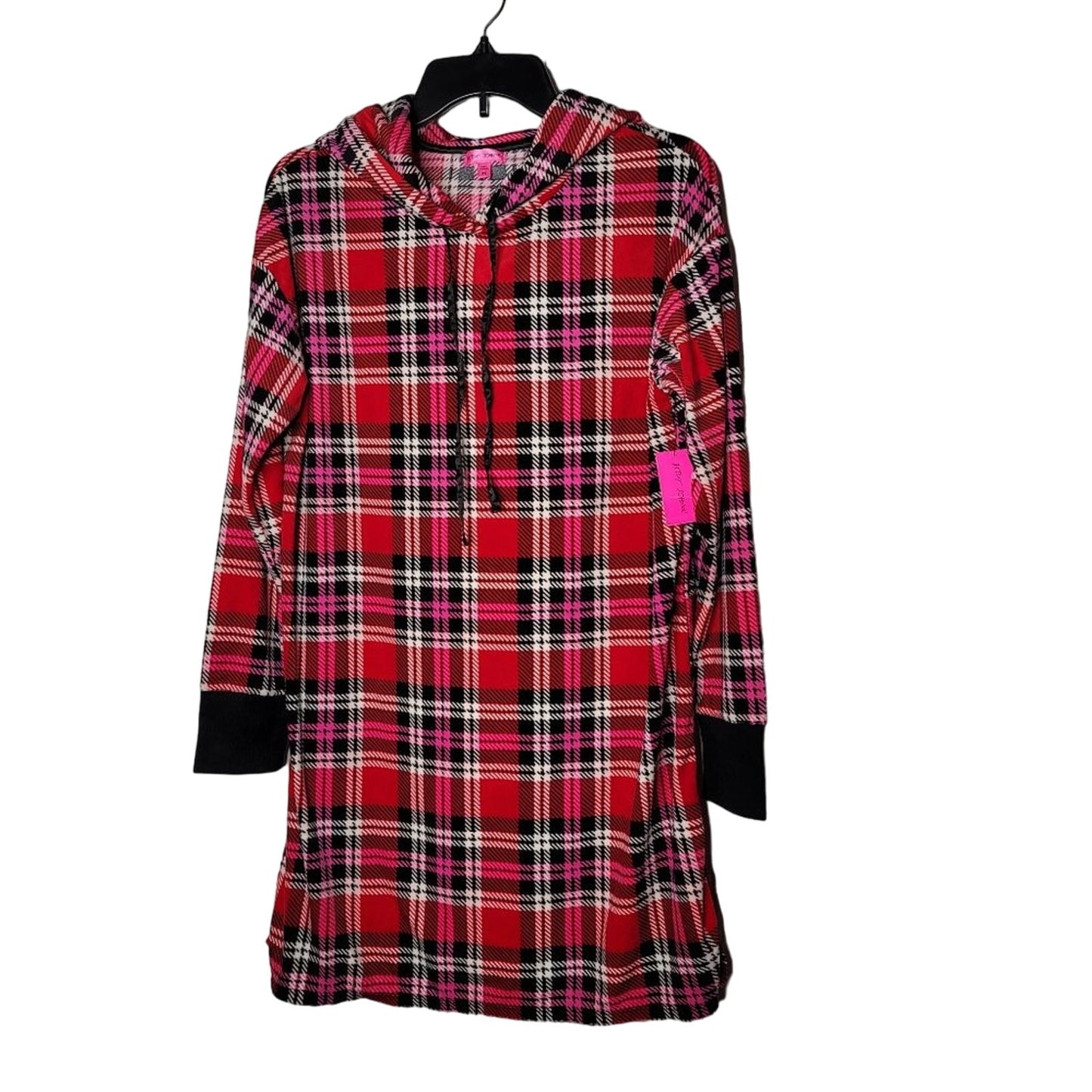 Betsey Johnson Plaid Velour Fleece Hoodie Lounger MEDIUM long sleeve Red NEW