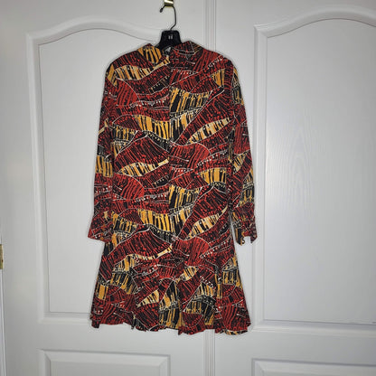 Vintage Geometric Gold Red Black 1960s Mini Dress Long Sleeve Medium button