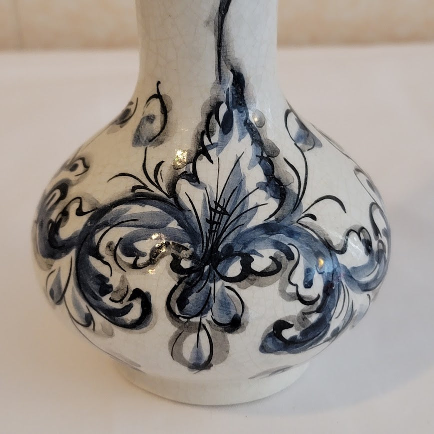 Handpainted Portugal vase blue white floral crackle underglaze 6.5"