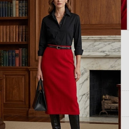 Vintage Preston & York Red Merino Wool Knit Midi Skirt Medium Academic Luxury