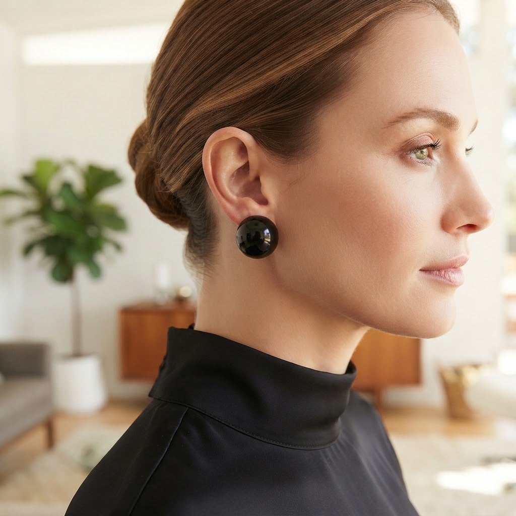 Vintage Black Domed Button Post Earrings Retro Glossy Minimalist