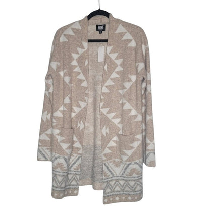 Frye Ladies' tribal geometrric Patterned Cardigan Sweater NEW Medium Tan Cream