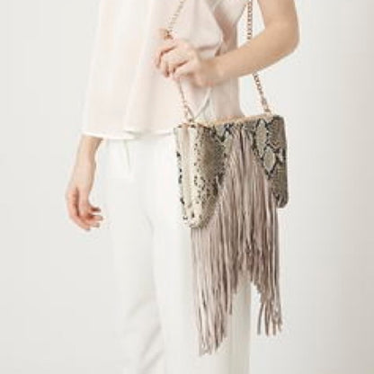 TOPSHOP BOHO Faux snakeskin Fringe Metal Chain Crossbody Bag clutch