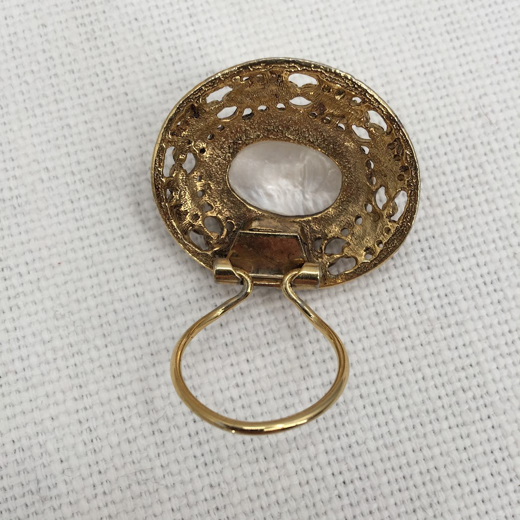 Vintage Estate Faux Pearl Brass Renaissance Brushed brass Tie Scarf brooch Clip