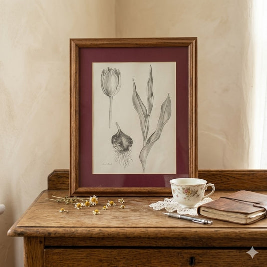 Vintage Cottagecore Joan M. Kind Original Graphite Tulip Drawing Oak Wood Frame