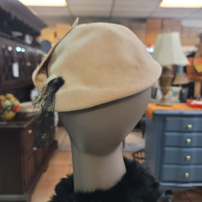 Vintage Hornberger Berkshire Wool Hat Cream Rhinestone Netting 1950s