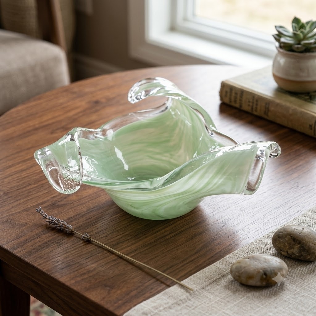 MURANO Hand Blown Art Glass CONSOLE FRUIT Bowl Green & White Swirl FREEFORM