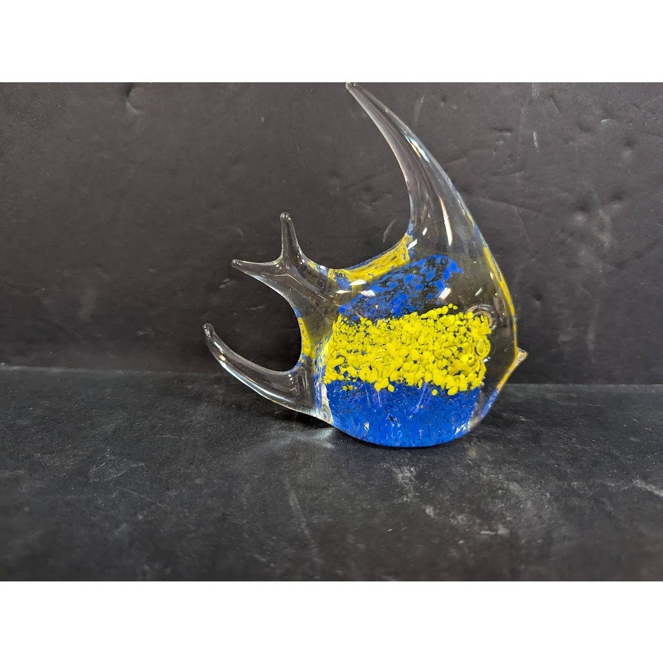 Vintage Murano Style Art Glass Yellow Blue Fish Figurine Paperweight