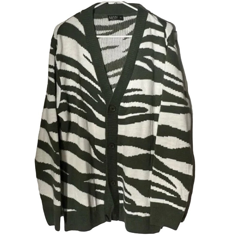 French Connection Womens Gray White V-Neck Zebra Wool Cardigan Sweatshirt SMALL