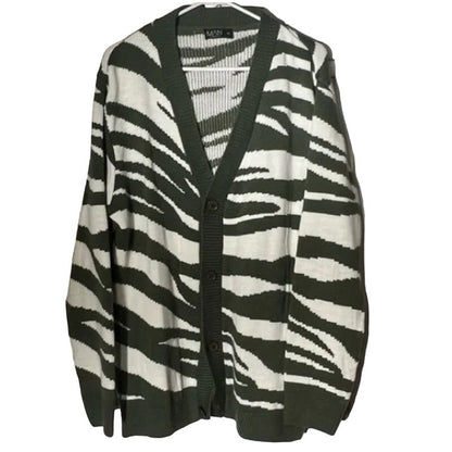 French Connection Womens Gray White V-Neck Zebra Wool Cardigan Sweatshirt SMALL