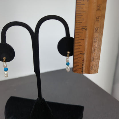 Vintage PIERCED Baroque 1" Earrings Freshwater Pearl blue bead dangle earrings