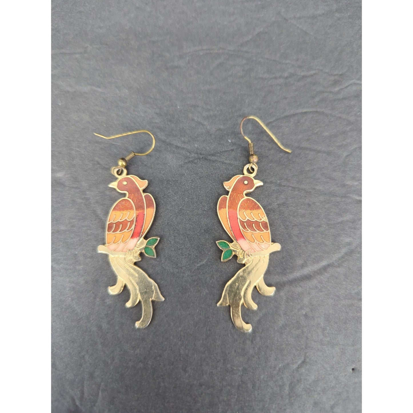 Vintage Cloisonne Enamel Bird Dangle Earrings Pierced Gold Tone Boho Art Parrot