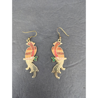 Vintage Cloisonne Enamel Bird Dangle Earrings Pierced Gold Tone Boho Art Parrot