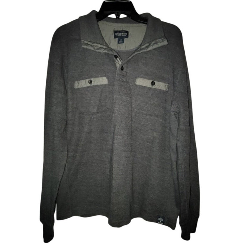 Lucky Brand Medium Heavyweight Grey Collared Henley Pullover Sweater Button