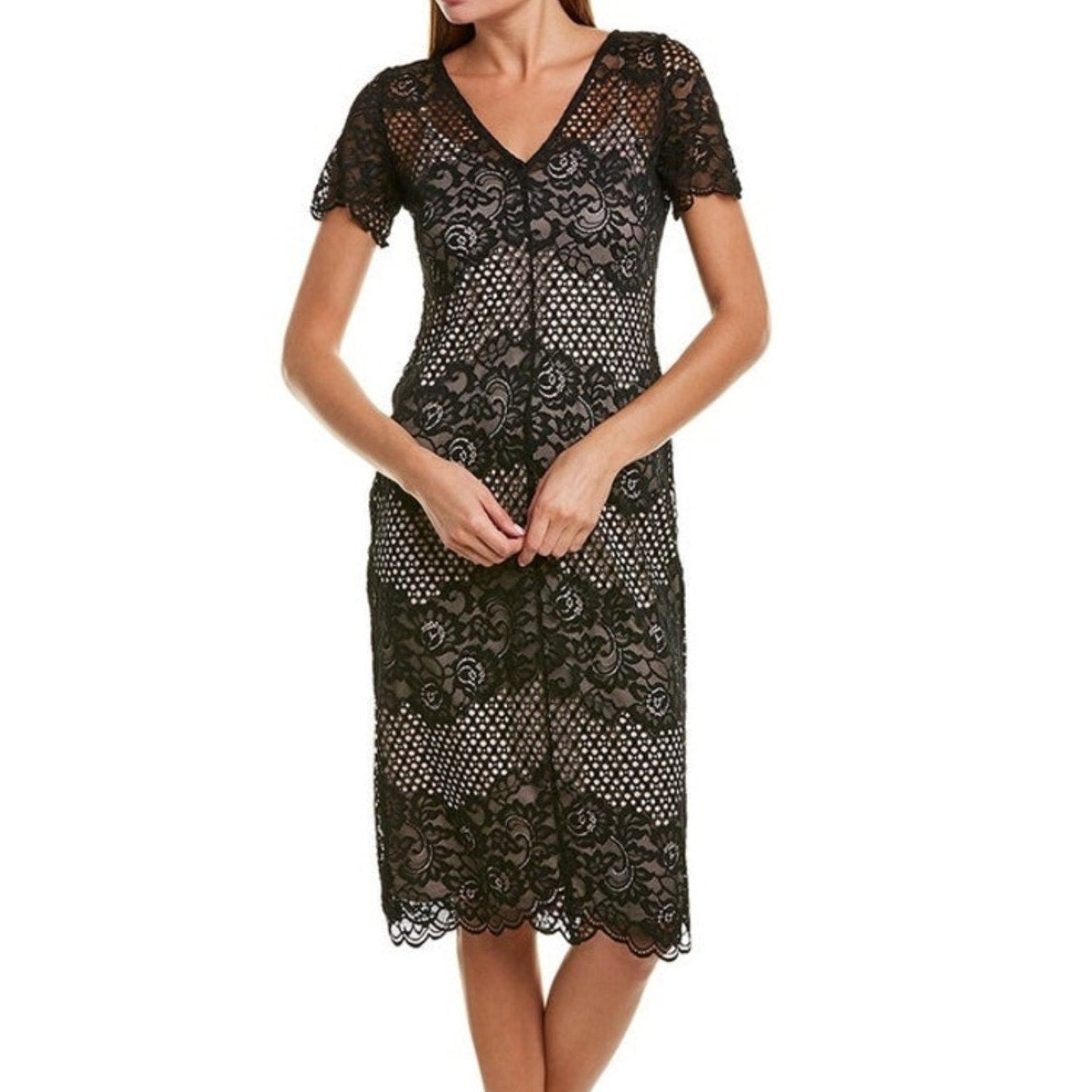 Donna Ricco NEW Black Lace V-Neck Dress gothic 14 casual short sleeve SEE THRU