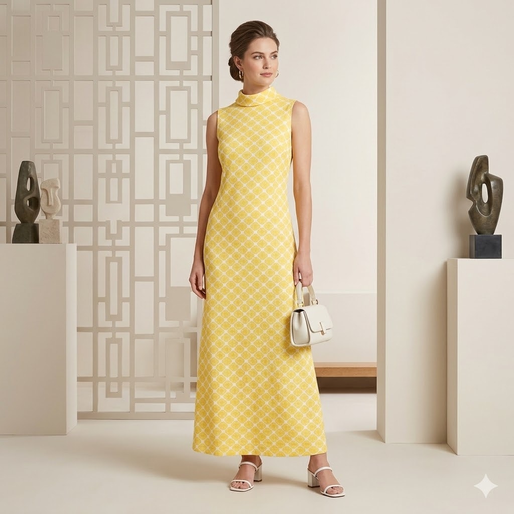 Vintage Size Large Polyester Yellow White Square Sleeveless Dress Maxi 1960s