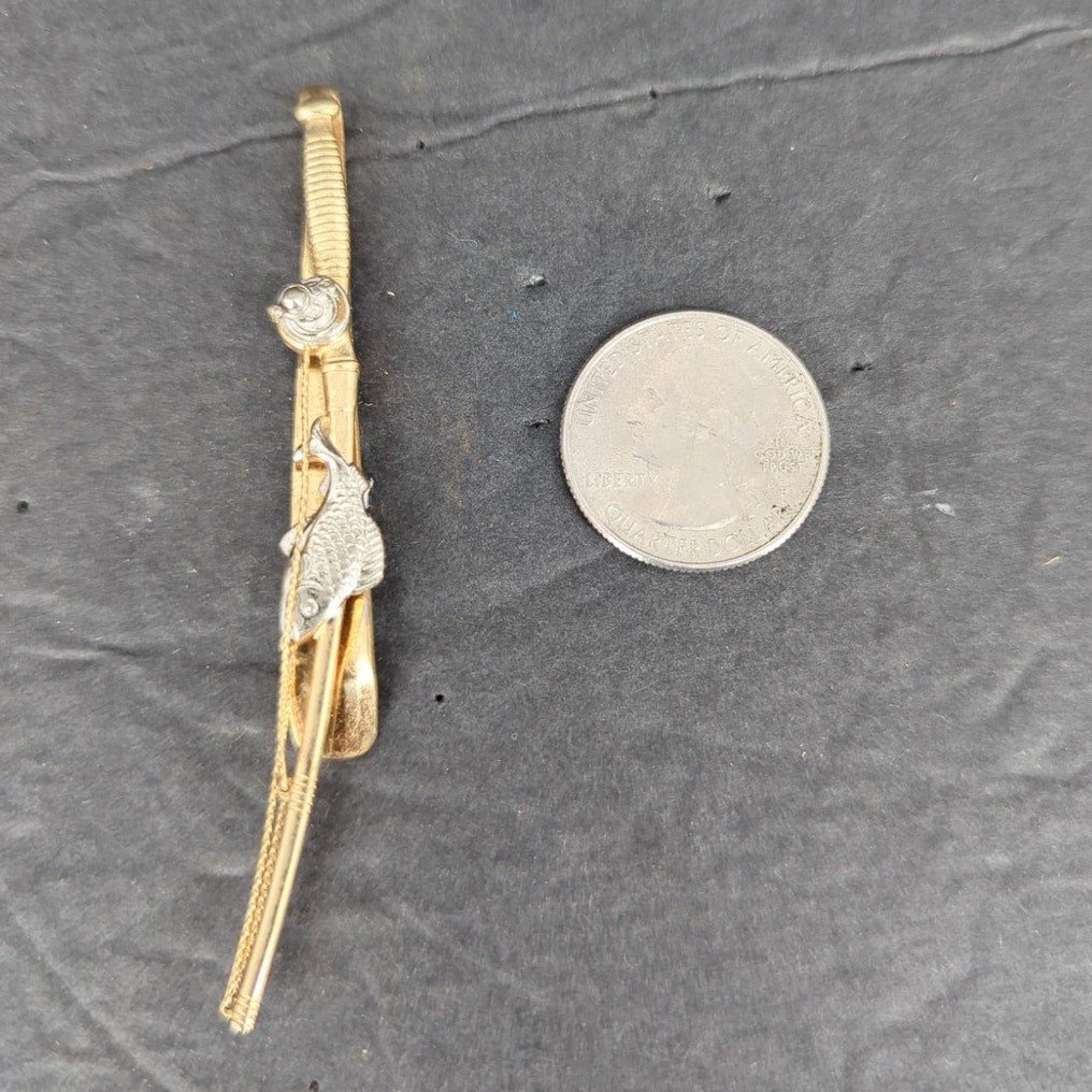 Vintage Gold Tone Fishing Rod Reel Fish on the Line Tie Bar Clip Dad