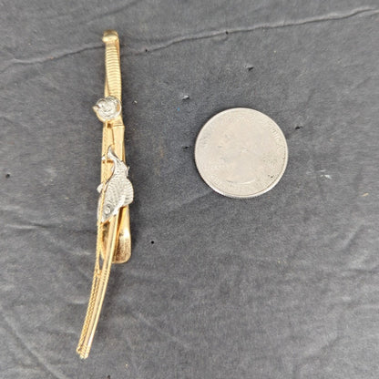 Vintage Gold Tone Fishing Rod Reel Fish on the Line Tie Bar Clip Dad