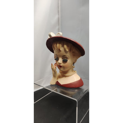Inarco 1961 Lady Headvase Planter MCM Kitsch Burgundy Hat Retro Decor Vase Rare!