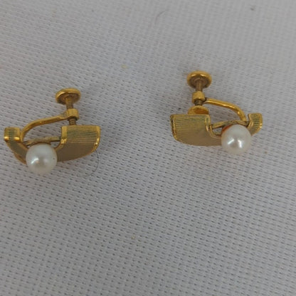 Vintage 12K Gold Filled Faux Pearl Screw Back Earrings and Matching Brooch Set