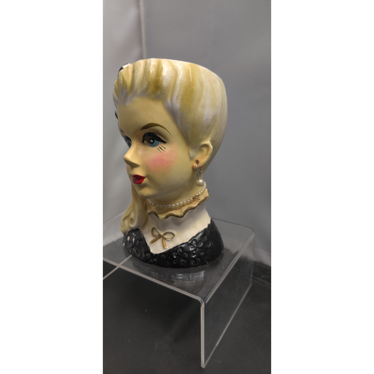 Retro MCM Kitsch Planter Blonde Lady Headvase Black Bow Glam Side Pony Vase