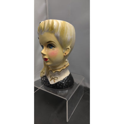Retro MCM Kitsch Planter Blonde Lady Headvase Black Bow Glam Side Pony Vase