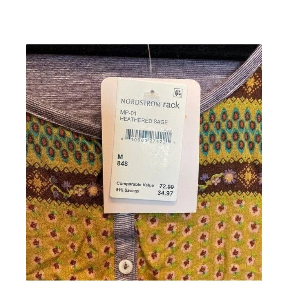 Baea Nordstrom Mixed Pattern Long Sleeve Henley Style Top Purple Gold Medium New