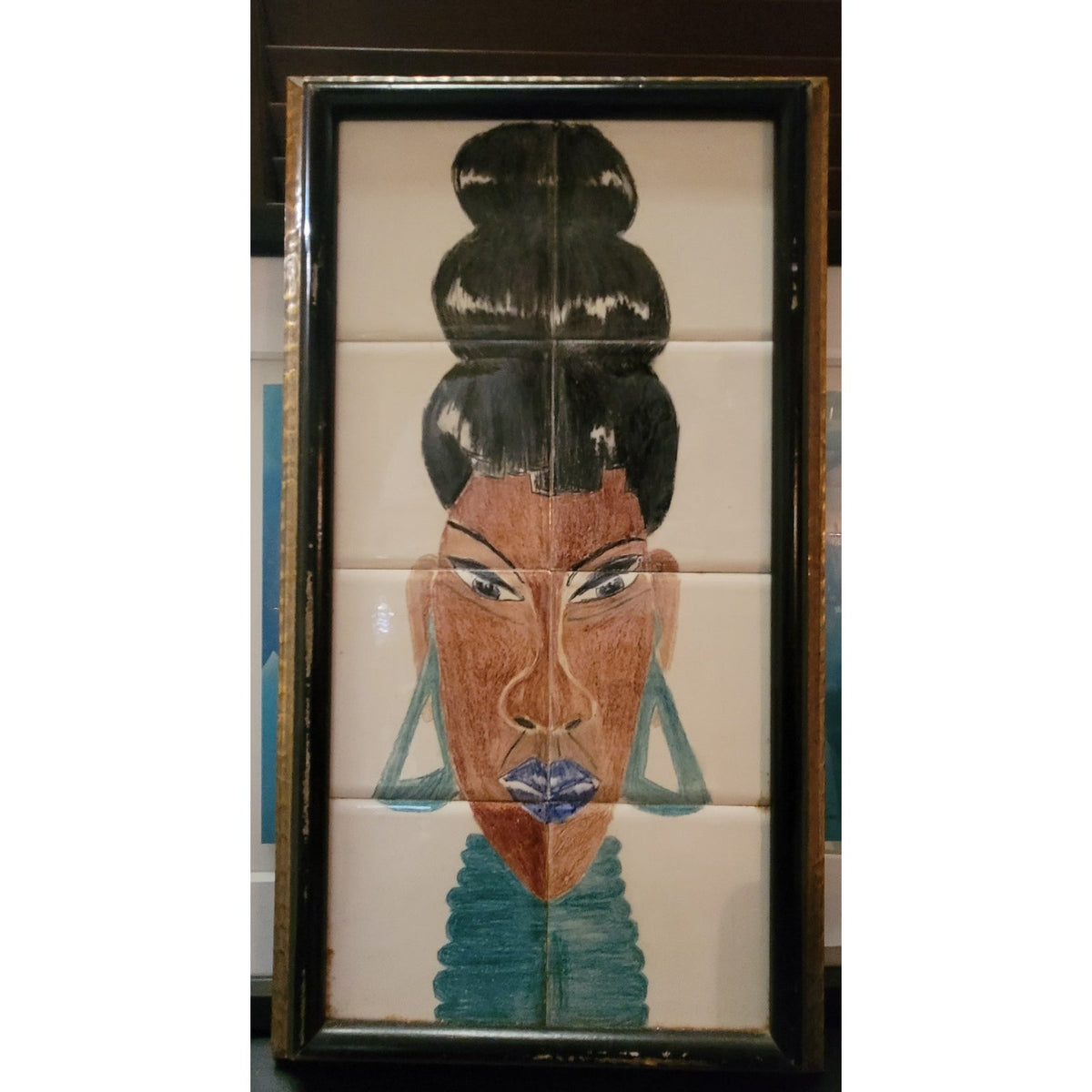 Afrocentric Tile Art African Queen Portrait 80s Glam Wall Decor  19.6" x 10.6"