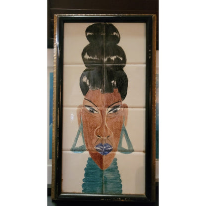 Afrocentric Tile Art African Queen Portrait 80s Glam Wall Decor  19.6" x 10.6"