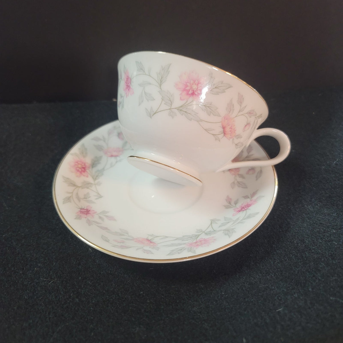 Footed Cup & Saucer Set Shalimar by Valmont China Pink Flowers Gray Stems SHABBY
