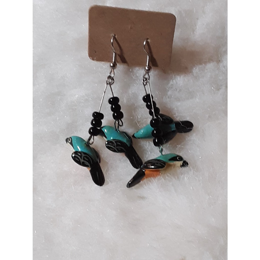 Artisan Orange Blue Bird HANDMADE Earrings Black Seed Beads Dangle  French wire
