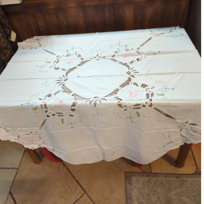Vintage Hand-Embroidered & Cutwork Lace White Oval Tablecloth Pastel Florals