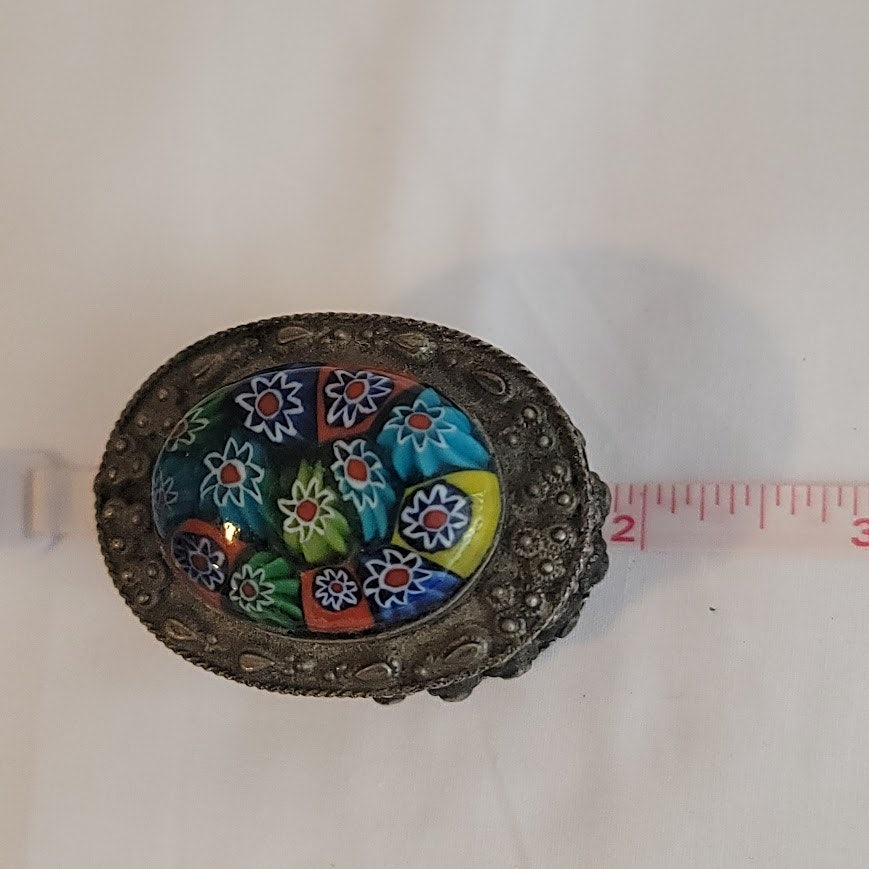 Vintage mini millefiori glass silverplate Lined metal trinket stash pill box 2"