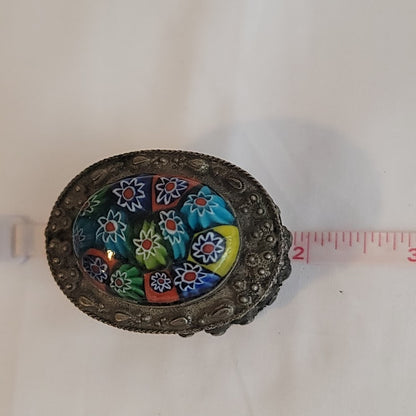 Vintage mini millefiori glass silverplate Lined metal trinket stash pill box 2"