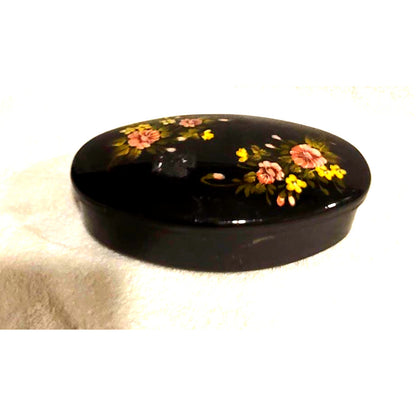 Vintage Russian Metal black floral handpainted trinket box Tin Oval Red inside