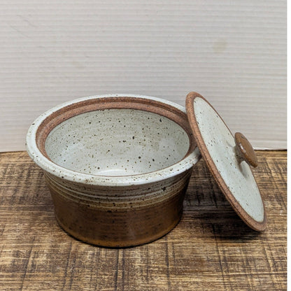 7.5" X 4"  Brian Bachman Studio Pottery Lidded Bean Pot Speckled Stoneware 80's