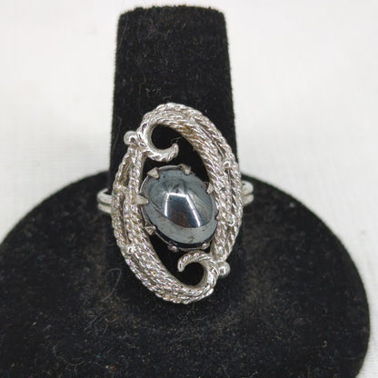 Vintage Silver Tone Oval Gray Stone Filigree Statement Ring Size 7