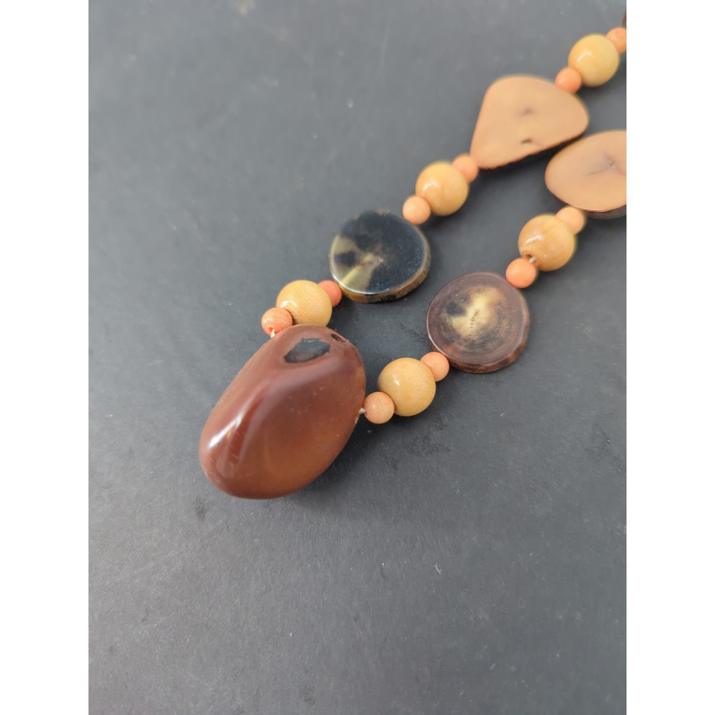 Vintage Chunky Stone & Wood Bead Statement Necklace Brown Boho Chic