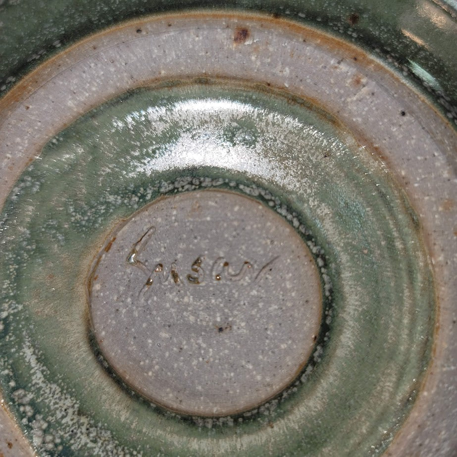 Handmade SUSAN Art Pottery Single Green Saucer Bread Plate Candle Holder Trinket
