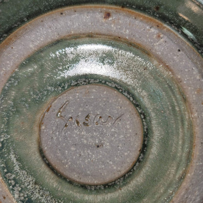 Handmade SUSAN Art Pottery Single Green Saucer Bread Plate Candle Holder Trinket