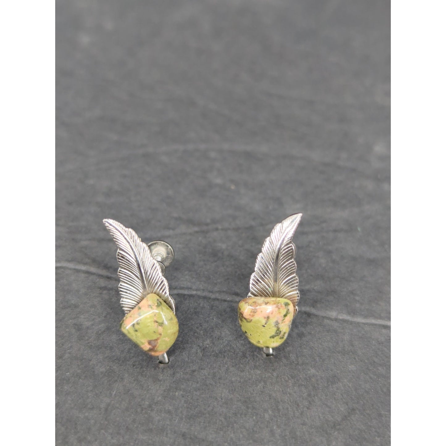 Vintage Unakite Silver Tone Leaf Clip On Earrings Southwestern Retro