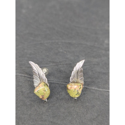 Vintage Unakite Silver Tone Leaf Clip On Earrings Southwestern Retro
