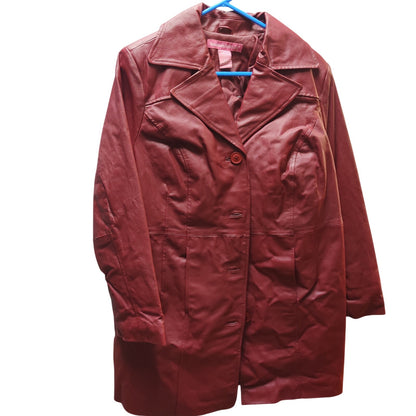 Vintage Woman Within Red Leather Button Front Mid Length Trench Coat Jacket 14W
