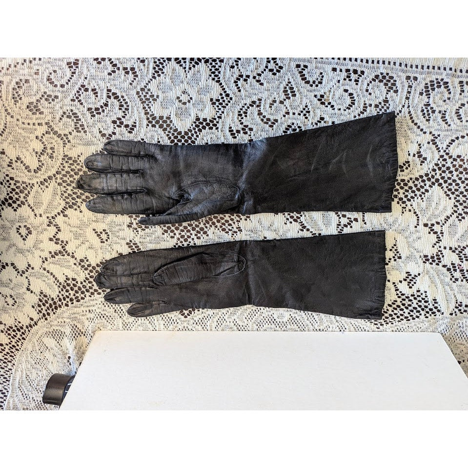 Vintage Size Small Black Genuine Leather Opera Gloves Long Gauntlet